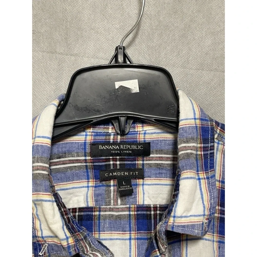 Banana Republic Shirt Men L Blue Plaid Linen Button Up Camden Fit Casual Preppy‎